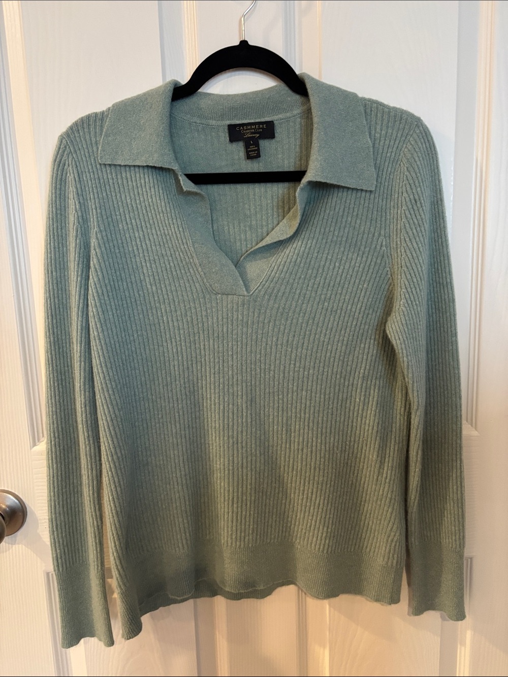 Charter Club Ribbed V-Neck Polo Sweater in Sage Green